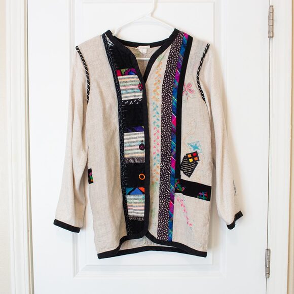Linen Blend S VTG Lagenlook Lynn Murray Patchwork Pattern Art Boho Blazer FLAW - Picture 1 of 15